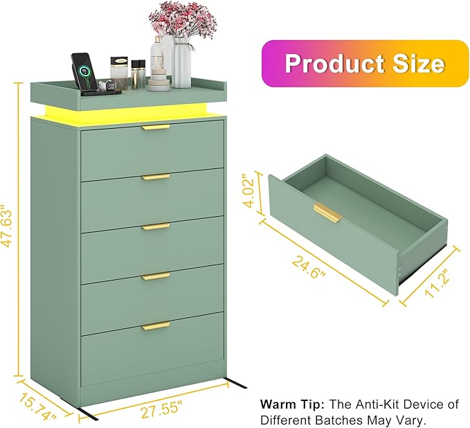 Tall Dresser for Bedroom, Dresser with LED Lights, Wood 5 Drawer Chest with Power Outlet, Modern Chest of Drawers for Bedroom, Living Room, Entryway, Hallway, Green