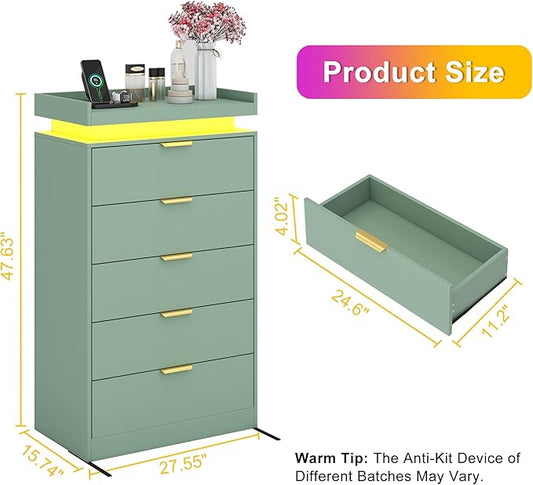 Tall Dresser for Bedroom, Dresser with LED Lights, Wood 5 Drawer Chest with Power Outlet, Modern Chest of Drawers for Bedroom, Living Room, Entryway, Hallway, Green
