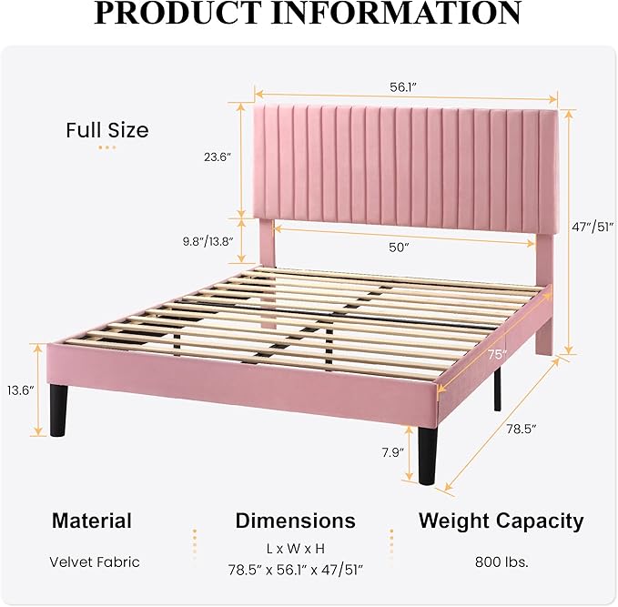 SHA CERLIN Full Upholstered Platform Bed Frame with Adjustable Headboard/Vertical Channel Tufted Velvet Fabric/Wooden Slats Support/Mattress Foundation/Box Spring Optional/Pink