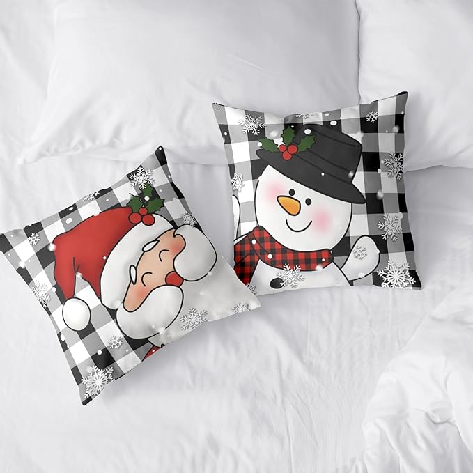 Black and White Plaid Christmas Pillows Covers 18x18 Set of 2 Winter Snowman and Santa Claus Pillow Cases Snowflakes Cushion Cases Home Decor for Living Room Bed Sofa