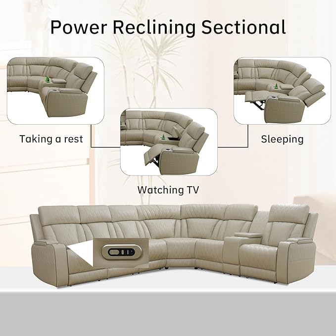 Power Reclining Sectional Sofa for Living Room - Reclining Couch with Console, Cup Holders, USB Ports and LED Lights, L-Shaped Home Theater Seating Set