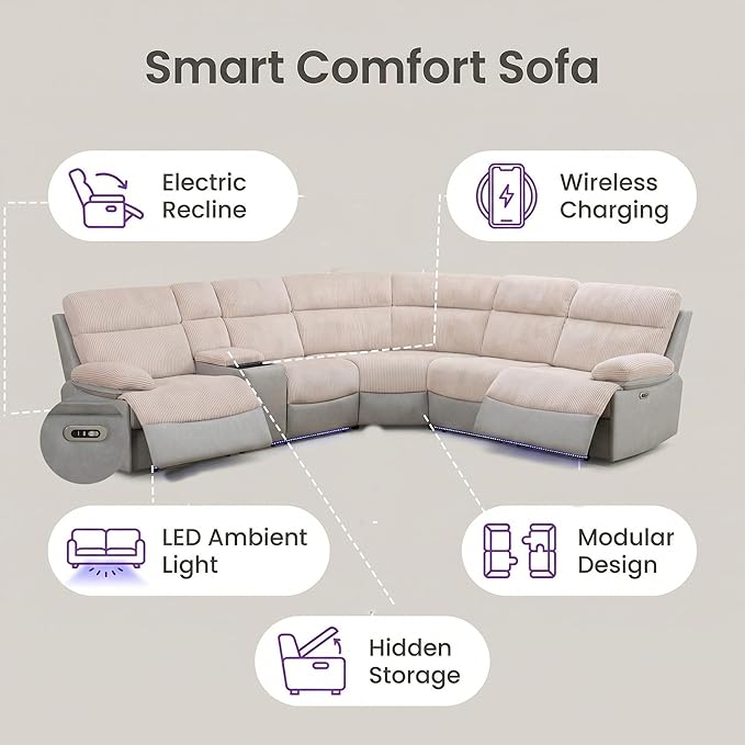 Power Reclining Sectional Sofa, 5 Seat Sectional Couch with Recliners, Soft Corduroy & Breathing Leather Sectional with 2 Recliners,USB Charging Ports,LED Light Strip, Living Room Furniture Set | Breathable material, LED Lighting