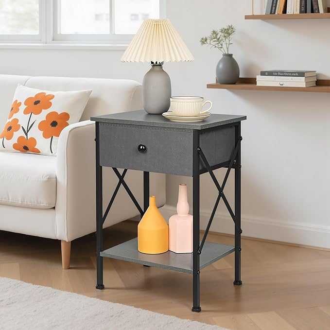 VECELO Nightstand Set of 2, X-Design End Side Table with Fabric Storage Drawer and Open Shelf, Bedside Night Stand with Steel Frame for Bedroom, Living Room,Dorm, Easy Assembly,Hemp Gray