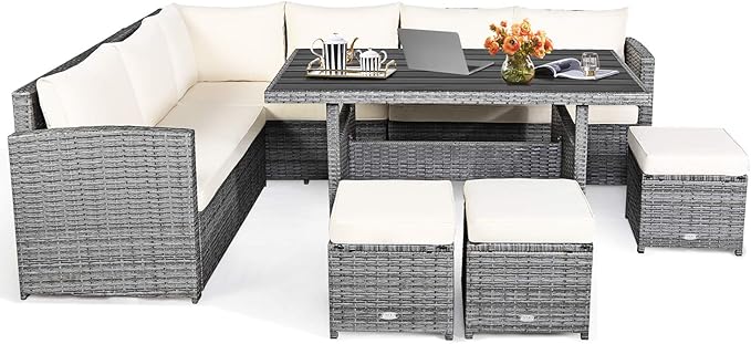 HAPPYGRILL 7 Pieces Rattan Wicker Patio Conversation Set, Outdoor Patio Furniture Set with Cushions, Rattan Sofa Set with Dining Table & Ottomans for Poolside Backyard Balcony Garden (Beige)