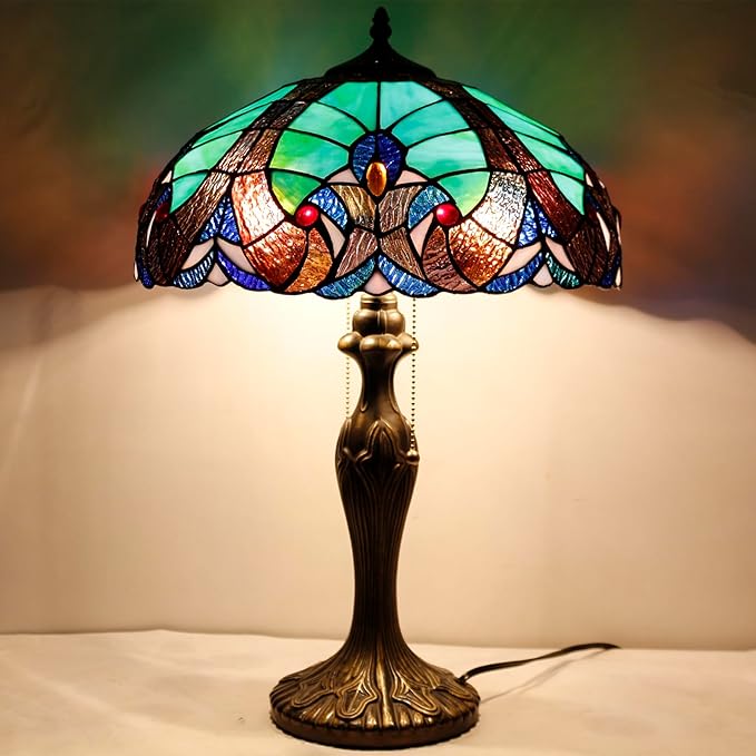 WERFACTORY Tiffany Style Lamp Green Liaison Stained Glass Bedside Table Lamp 16X16X24 Inches Desk Light Metal Base Decor Bedroom Living Room Home Office S160G Series Teal Purple