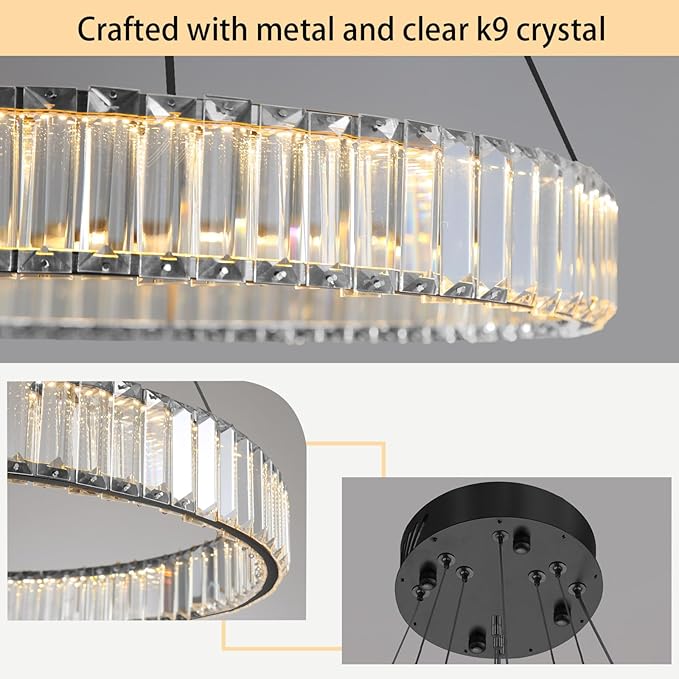 16‘’+24‘’+32'' Modern Ring Chandelier Crystal Chandeliers for Dining Room Round LED Dimmable Ceiling Light Fixture for Living Room Bedroom Lighting Black