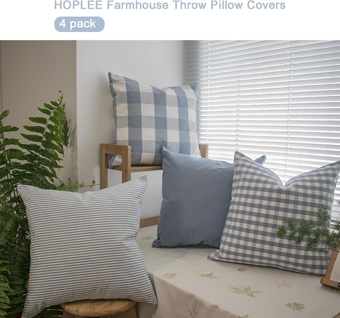 HOPLEE Farmhouse Blue Pillow Cover 24x24 Light Blue Cushion Cover with Buffalo Plaid, Solid Light Blue, Striped and Gingham Plaid Design 24x24 Inches,4 Pack