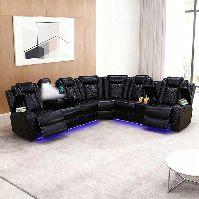 Leather Power Recliner Sectional Sofa with LED Light,L Shaped Leather Couch Set with 2 Recliner Seats，Modular Corner Sofa with Storage Console/Coffee Table for Living Room(Black, Sectional)