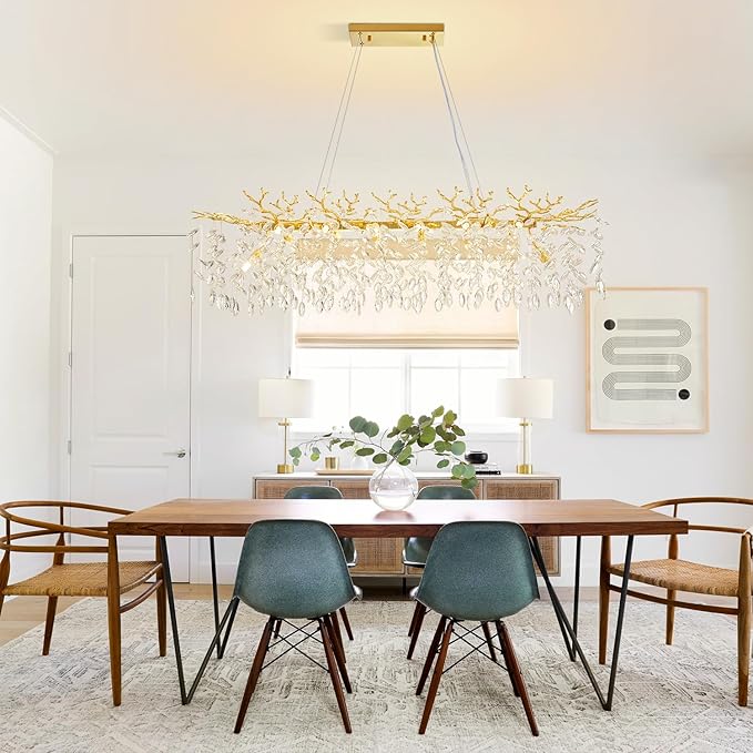 Modern Rectangular Chandelier, 47.3" Gold Crystal Tree Branch Chandelier 14 Lights Luxury Raindrop Light for Dining Room, Kitchen Island, Living Room