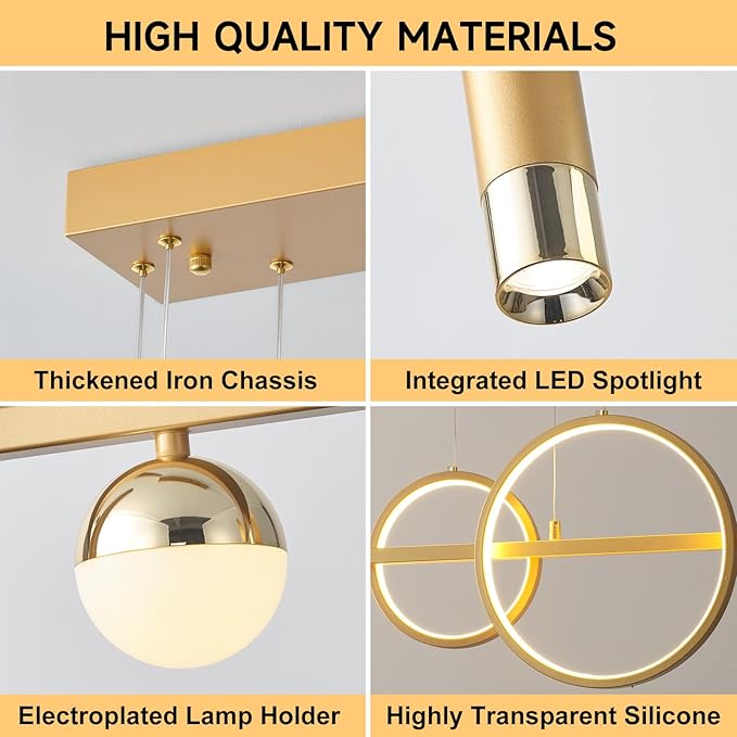 LED Gold Chandeliers for Dining Room, 39in Dimmable Modern Chandelier Gold Pendant Lights for Kitchen Island, Linear Ring Globe Pendant Light Fixtures Dining Room Lights Ceiling Hanging
