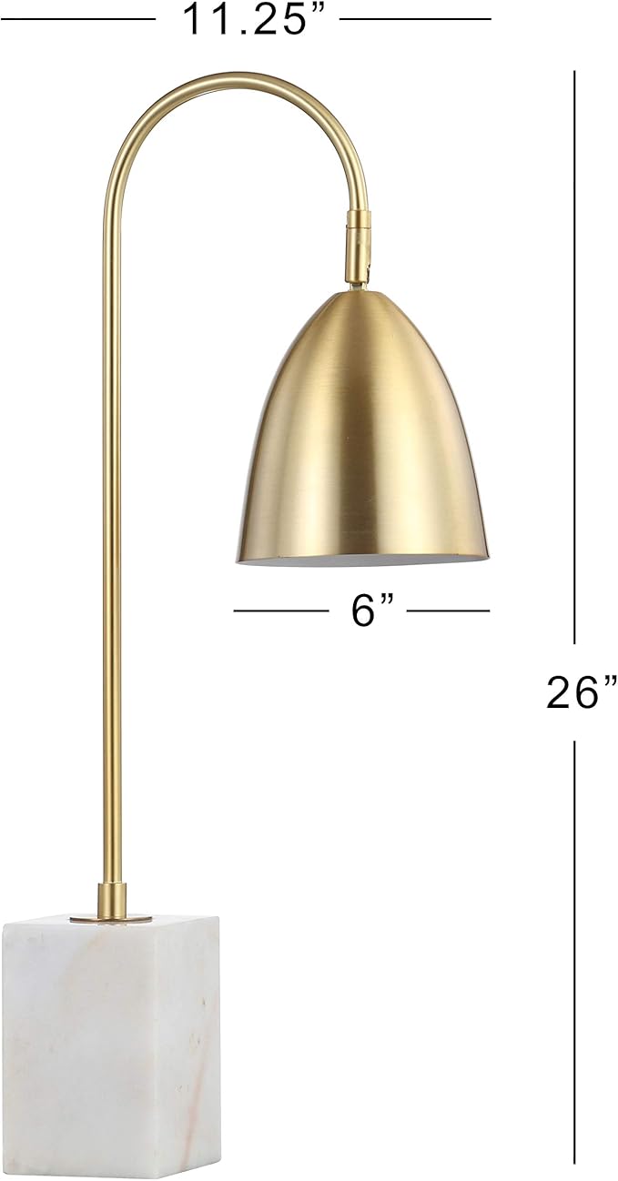 JONATHAN Y 26" Brass Gold Arched Metal Table Lamp with White Marble Base, Modern Glam Desk Lamp for Living Room, Bedroom or Home Office, LED Bulb Included JYL1092A