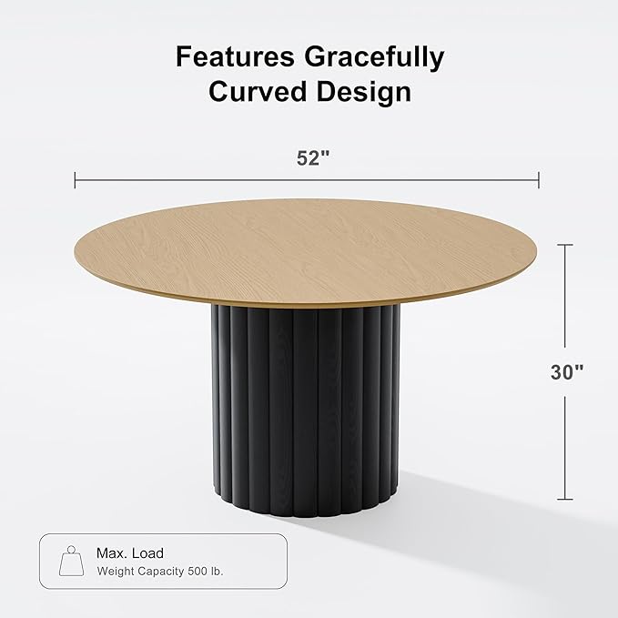 Casaphoria 52" Round Dining Table for 6, Two-Tone Wood Top and Black Pedestal Base, Modern Farmhouse Style, Dining Table Only