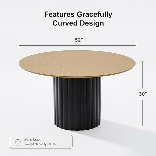 Casaphoria 52" Round Dining Table for 6, Two-Tone Wood Top and Black Pedestal Base, Modern Farmhouse Style, Dining Table Only