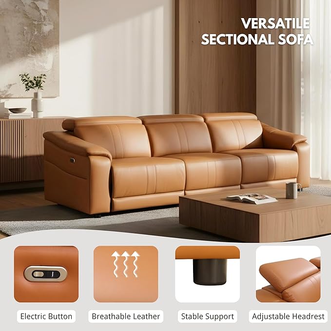 Breathing Leather Recliner Sectional Sofa, Reclining Sectional Couch with Adjustable Headrest&Storage Console, L Shaped Couch with Dual Recliner for Living Room (Three Seater Sofa)
