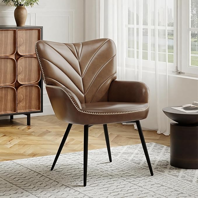 Mid-Century Modern Faux Leather Accent Chair for Living Room, Upholstered Armchair with Curved Ergonomic Back, High-Density Cushion & Metal Legs, Lounge Chair for Bedroom/Reading Corner