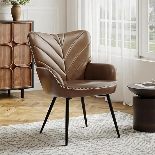 Mid-Century Modern Faux Leather Accent Chair for Living Room, Upholstered Armchair with Curved Ergonomic Back, High-Density Cushion & Metal Legs, Lounge Chair for Bedroom/Reading Corner
