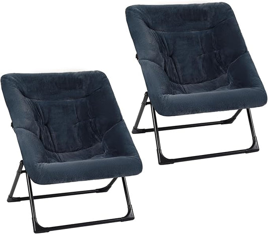 Comfy Saucer Chair for Adults, Set of 2, Soft Faux Fur Bedroom Chair, Accent Dorm Chairs, Flexible Living Room Reading Chairs, Oversized Folding Seat for Teens, X-Large, Navy Blue