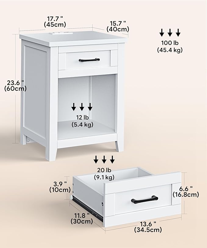 Farmhouse Nightstand with Charging Station & Large Storage, Set of 2 Modern End Tables with Outlets, USB Ports and Type-C Ports, Easy Assembly for Bedroom (Pure White)