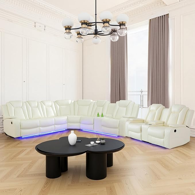 Power Reclinier Sectional Sofa Set,White Leather Reclining Sectional Modular Sofa Set with Loveseat,L Shaped Leather Couch with LED Light for Living Room/House/Apartment/Lounge(L+Loveseat)