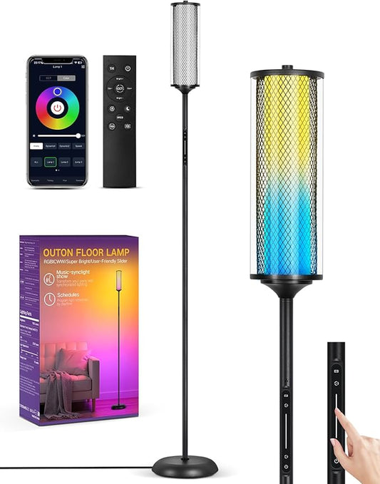 OUTON LED Floor Lamp with Remote & APP Control, Tall Standing Lamp, 16 Million Colors, 32 Scene Modes & Music Sync, Modern Corner Lamps for Living Room, Bedroom, Gaming, Black & Glass Lampshade