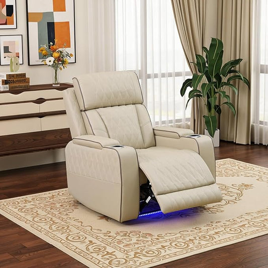 Power Leather Reclining Sofa Chair with LED Light for Adults,Single Recliner with USB Port/Storage,Leather Couch for Living Room Furniture Sets/RV Car/Home Theater/Office(1 Seat,Beige)