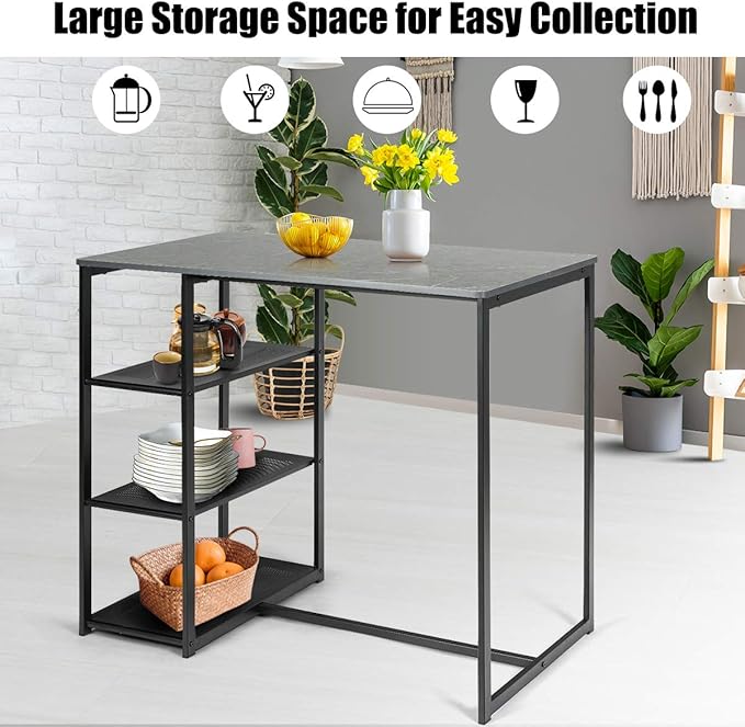 COSTWAY 3-Piece Dining Set, Compact 2 Chairs and Table Set, Kitchen Set with Rectangular Faux Marble, 3 Metal Storage Shelves, Fashionable Simple Style, Kitchen Counter Height Table Set (Black)