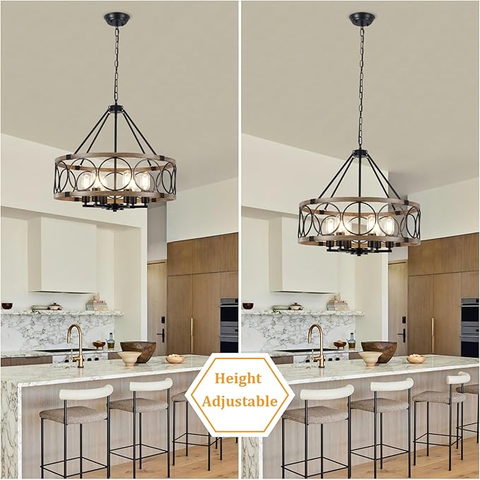 6-Light Farmhouse Chandelier for Dining Room,21'' Black Rustic Industrial Drum Chandeliers Imitation Wood Grain Pendant Light Fixture for Kitchen Island Entryway Foyer Bedroom Hallway,E26 Metal