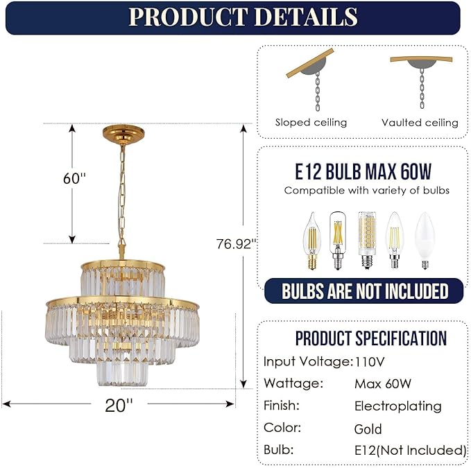 Modern Crystal Chandelier Light Pendant Ceiling Lamp 4-Tier Chandeliers Lighting Fixture for Dining Living Room Foyer Hallway 6-Lights Gold (Dia 20 Inch)
