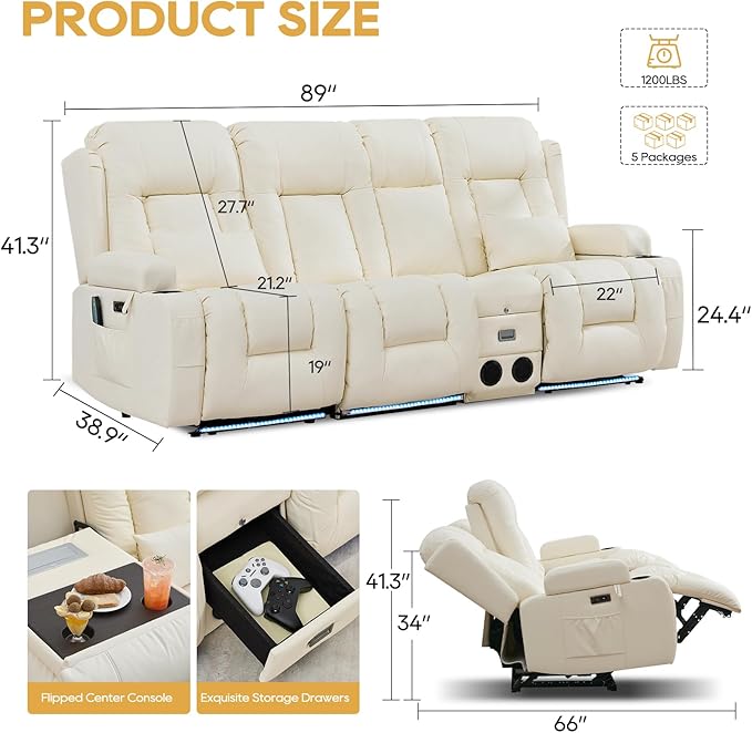 IPKIG Power Recliner Sofa with Flip-Up Backrest Console, USB & USB-C Ports, AC Outlet, LED Lights, Wall Hugger Recliners for Living Room, RV (Off Withe, 89" - 4 Seat) | Faux Leather, Zero Gravity, Dual Reclining, 2 Lumabr Pillow, Bluetooth Speakers