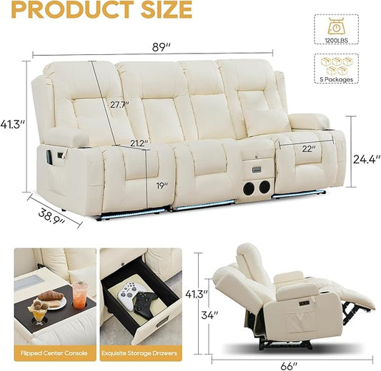 IPKIG Power Recliner Sofa with Flip-Up Backrest Console, USB & USB-C Ports, AC Outlet, LED Lights, Wall Hugger Recliners for Living Room, RV (Off Withe, 89" - 4 Seat) | Faux Leather, Zero Gravity, Dual Reclining, 2 Lumabr Pillow, Bluetooth Speakers
