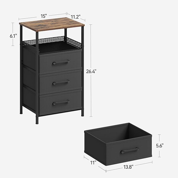 Nightstand Set of 2, Night Stands with 3 Fabirc Drawers, 26.4 Inch Tall Bedside Table with Metal Shelf, Modern Side End Table Storage Furniture, Small Dresser for Bedroom, Rustic Brown
