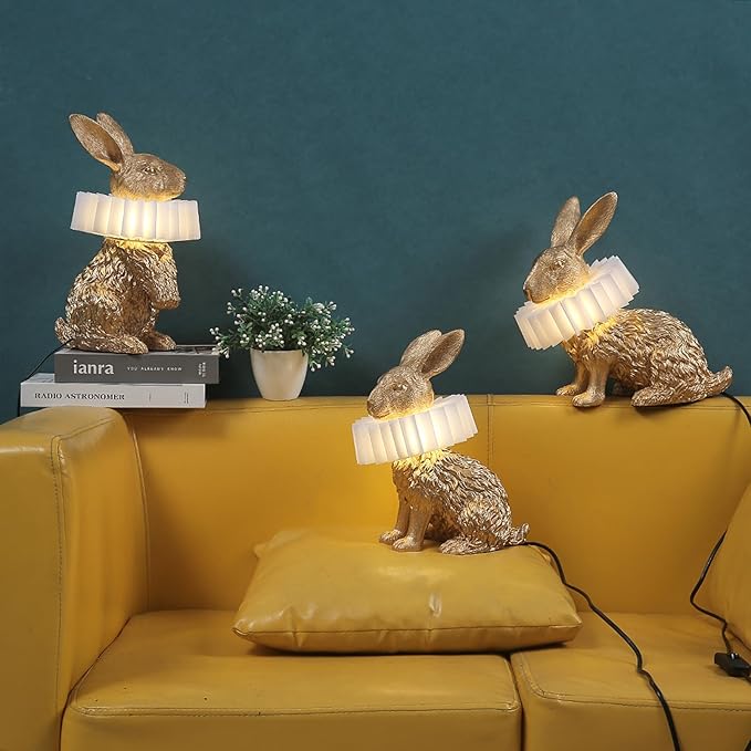 Scarf Rabbit Table Lamp,Resin Crafted Gold Bunny Lamp Featuring White Pleated PC Lampshade,USB Plug,Energy-Efficient Nightstand Lamp (Gold Standing)