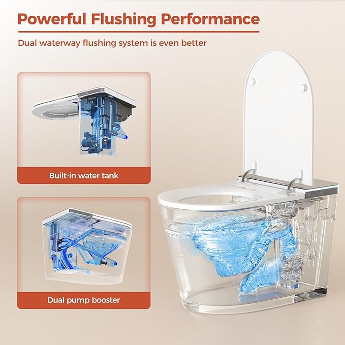 Smart Toilet, One Piece Toilet with Bidet Built in,Modern Elongated Toilet with Built-in Tank, Heated Toilet Seat, Bidet Warm Water, Dryer, Automatic Toilet Flusher, Foot Sensor Operation