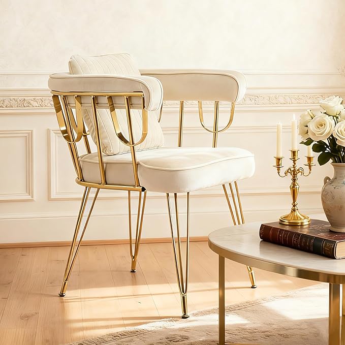 Set of 2 Vanity Chair with Back, Velvet Upholstered Accent Makeup Chairs No Wheels with Golden Legs for Modern Glam Living Room Bedroom Home Office Nail Spa, Girls & Women, Beige