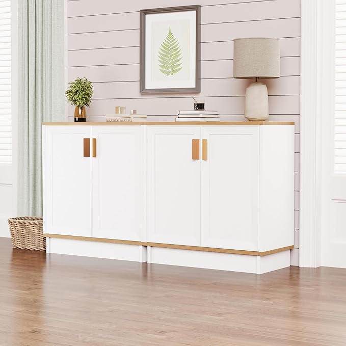 Sideboard Buffets Storage Cabinet, Modern Kitchen Storage Cabinet with Doors, Farmhouse Buffet Table Console Table Coffee Bar for Entryway Kitchen Dining Room, White
