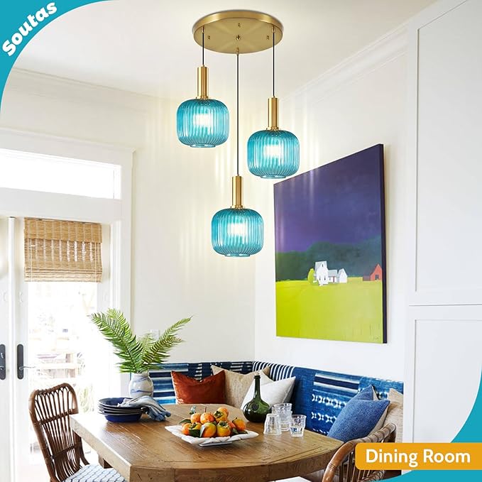 3-Light Pendant Chandelier Gold Cluster Pendant Lighting Blue Glass Pendant Lights Kitchen Island Lights Ceiling Hanging Modern Dining Room Pendant Light Fixtures Over Table