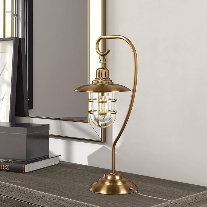 Bay 22" Tall Nautical Table Lamp with Glass/Metal Shade in Antique Brass/Clear