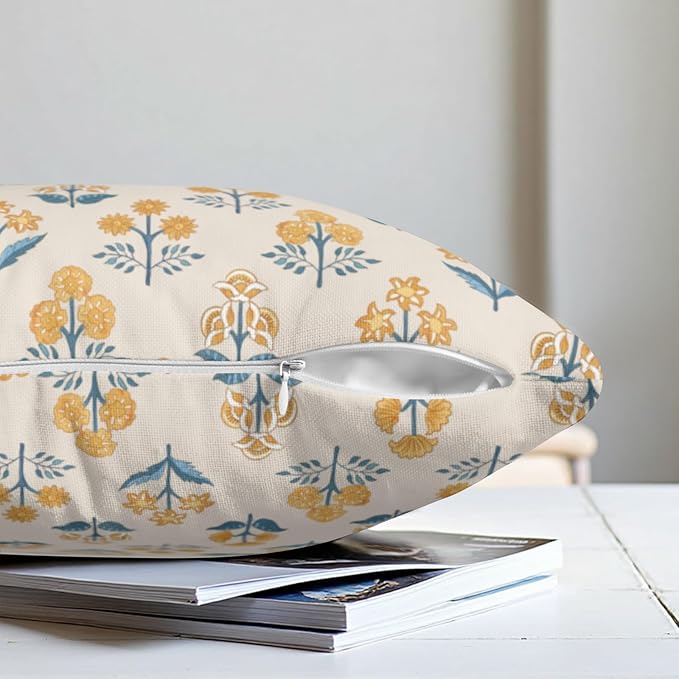 Blue Yellow Block Print Pillow Covers 16x16 Set of 2 Vintage Boho Floral Throw Pillows Case Spring Summer Rustic Outdoor Pillowcases Modern Farmhouse Home Decor for Couch Sofa Living Room
