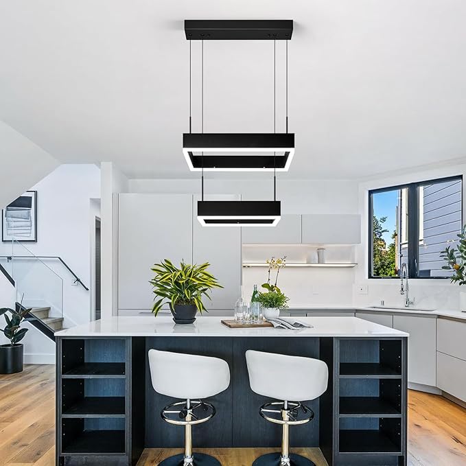Modern 2 Ring Dimmable Square Black Chandelier with Adjustable Pendant for Dining, Bedroom, Living Room