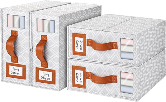 4 Pack Bed Sheet Organizers and Storage, (King & Queen Size) Sheet Organizer for Linen Closet, Foldable Bedding Storage Box with Window for Bedsheets, Duvet Cover and Pillowcase (Light Printed 4 Pack)
