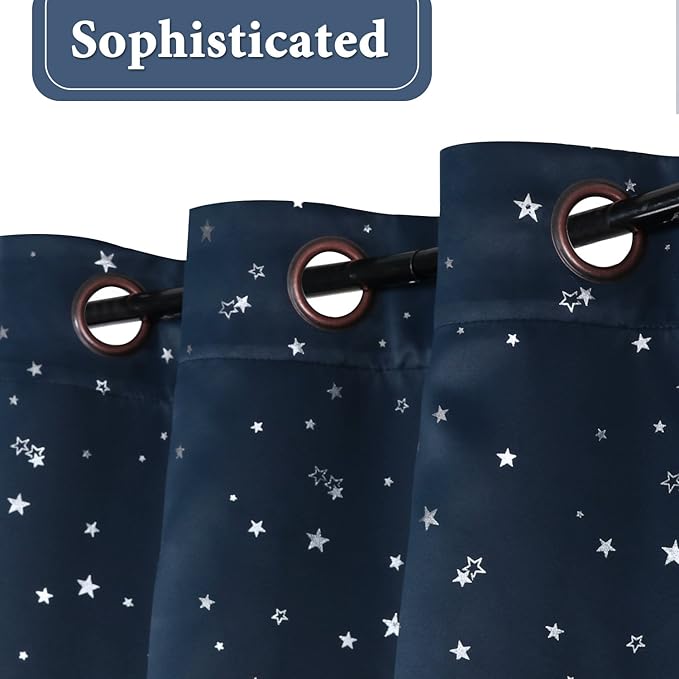 H.VERSAILTEX Blackout Star Curtains for Kids Room Boys Girls Twinkle Silver Stars Full Light Blocking Cute Thick Soft Curtain Drapes, Grommet Top, 2 Panels, 52" W x 63" L, Navy