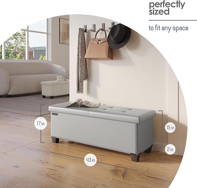 Storage Ottoman Bench with Bins, 43-in Storage Bench for Bedroom End of Bed, Folding Foot Rest Ottoman for Living Room Max 660lbs, Leather Ottomans, Light Grey