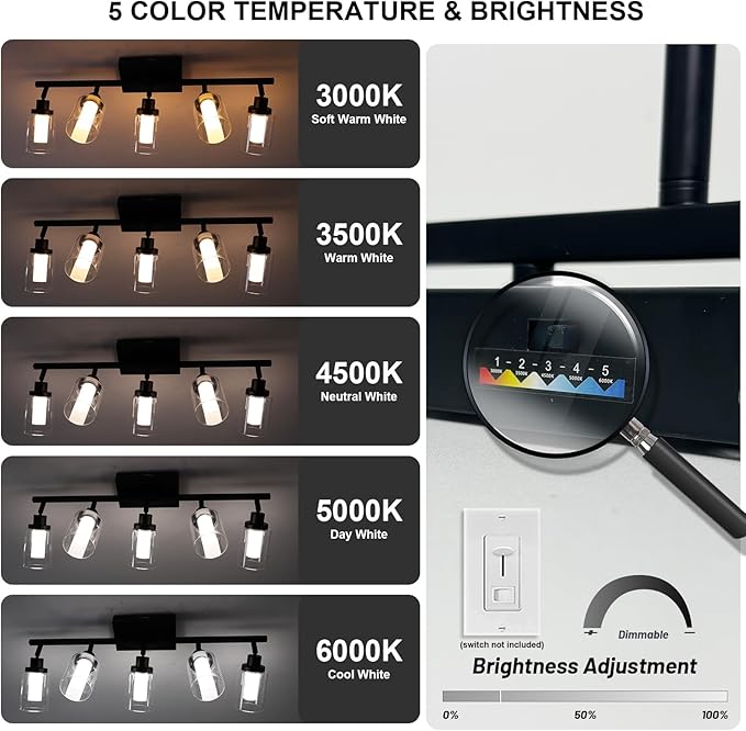 4-Light LED Black Dimmable Track Lighting Kit, 5-Color Temperature Adjustable Directional Ceiling Spotlight, Bathroom Wall Lamp with Integrated LED Chips