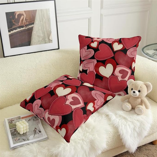 Valentine Day Throw Pillow Covers 20x20 Set of 2 Red Black Pink Love Hearts Pillow Cover Valentines Outdoor Holiday Decorative Pillow Cases for Couch Sofa Home
