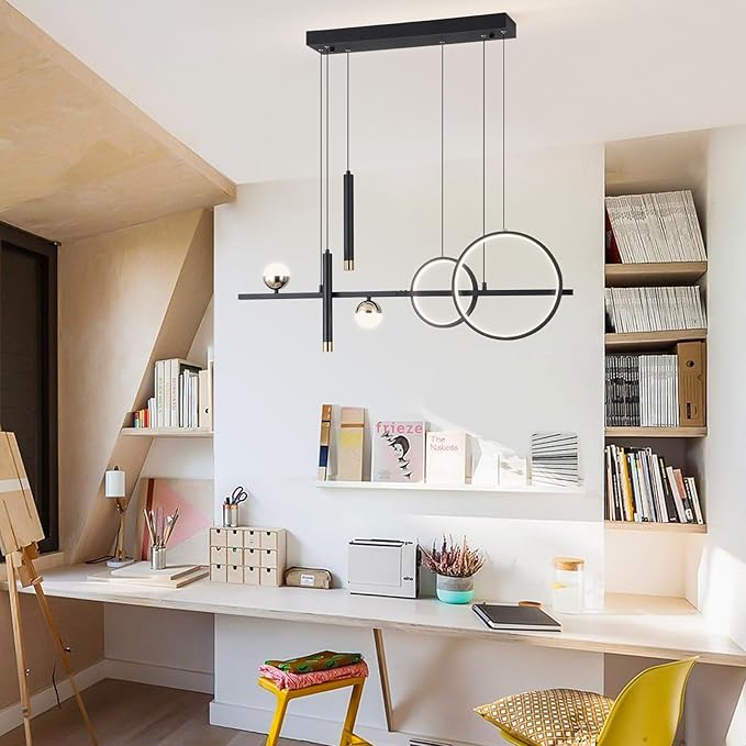 LED Modern Chandeliers for Dining Room, Dimmable Black Gold Chandelier Kitchen Pendant Lighting Over Island, Linear Ring Globe Pendant Light Fixtures Dining Room Lights Ceiling Hanging