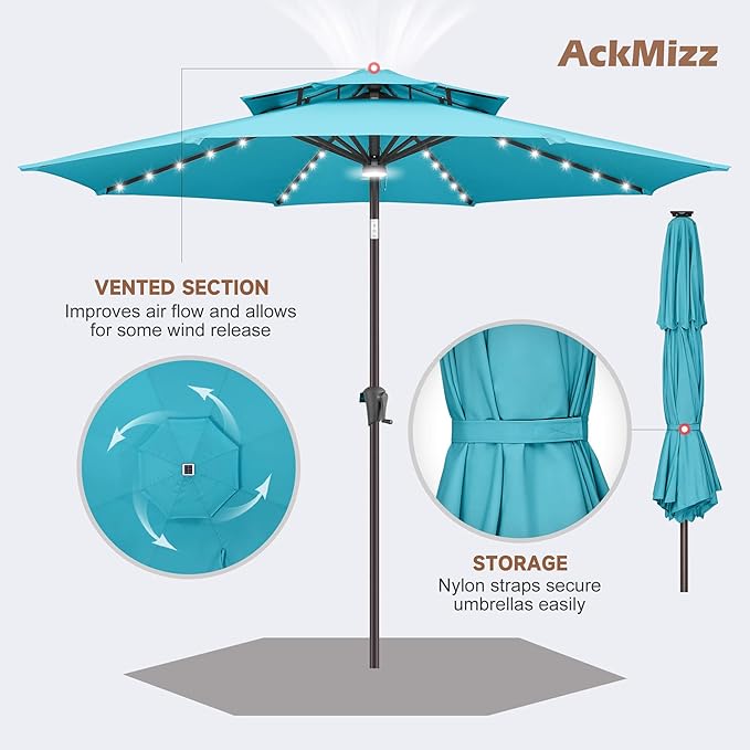 9FT Solar Umbrella Outdoor - 2 Tiers Lighted Solar Patio Umbrella with 40 LED Lights Waterprool UV Protection, Table Umbrella with Tilt for Pool, Porch, Garden, Backyard (Aqua Blue)
