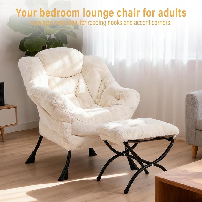 Lazy Chair with Ottoman, Modern Chair with Folding Footrest, Plush Beige Accent Chair, Comfortable Reading Chair, Oversized Armchairs for Bedroom, Study, Living Room, Courtyard