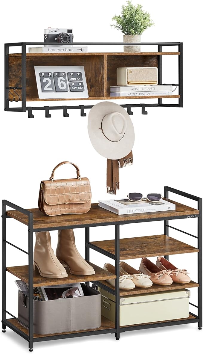VASAGLE Hall Tree with Shoe Bench, Coat Rack Shoe Bench Set, Entryway Furniture, Multifunctional, 12 Metal Hooks, 4-Tier Shoe Rack, for Entryway, Bedroom, Rustic Brow ULSB107K01