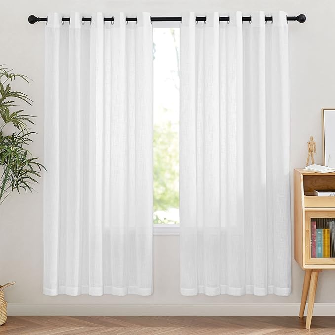 NICETOWN Semi Sheer Washed Linen Curtains, Grommet Top Rustic Vertical Curtains and Drapes Decorative Panels Privacy with Light Filtering for Bedroom/Living Room, W66 x L72, White, 2 Panels