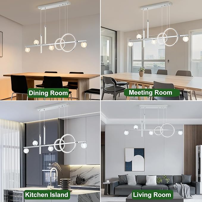 Modern LED Pendant Lights, Dimmable 47in Silver LED Chandelier Lighting, Upgraded Chrome Linear Dining Room Hanging Light Fixtures Kitchen Island Globe Pendant Light for Dining Table (4200lm)